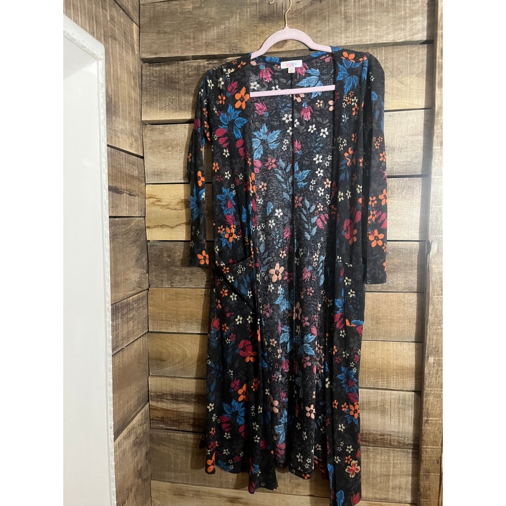 LuLaRoe Savannah Duster Cardigan Womens‎ Small Black Floral Ribbed Knit Pockets